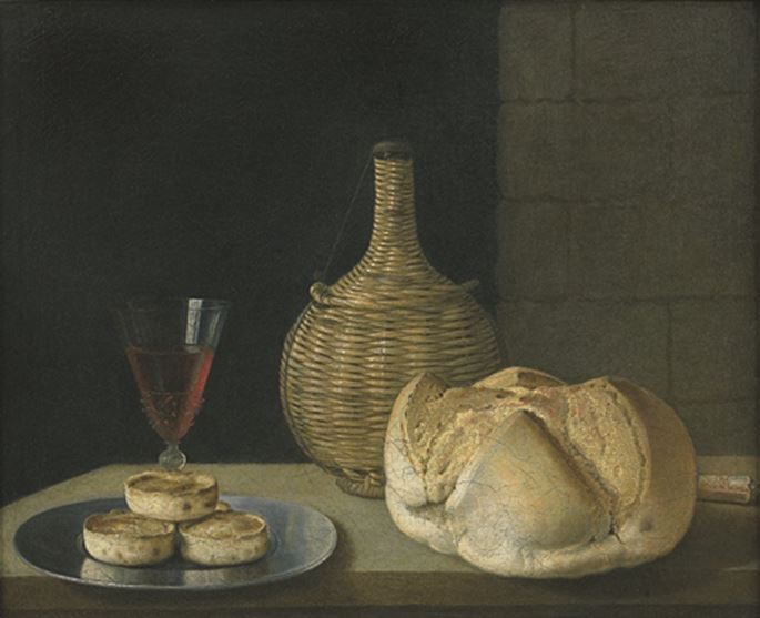 Sebastian Stoskopff - &quot;A flagon of wine, a wine glass, a loaf of bread and knife and pies on a pewter plate.&quot; | MasterArt